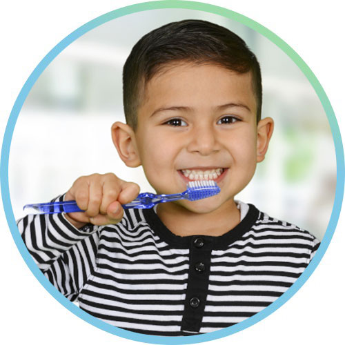 Omni Family Health Hispanic Boy Black and White Stripped Shirt with Brushing Teeth with Blue Toothbrush